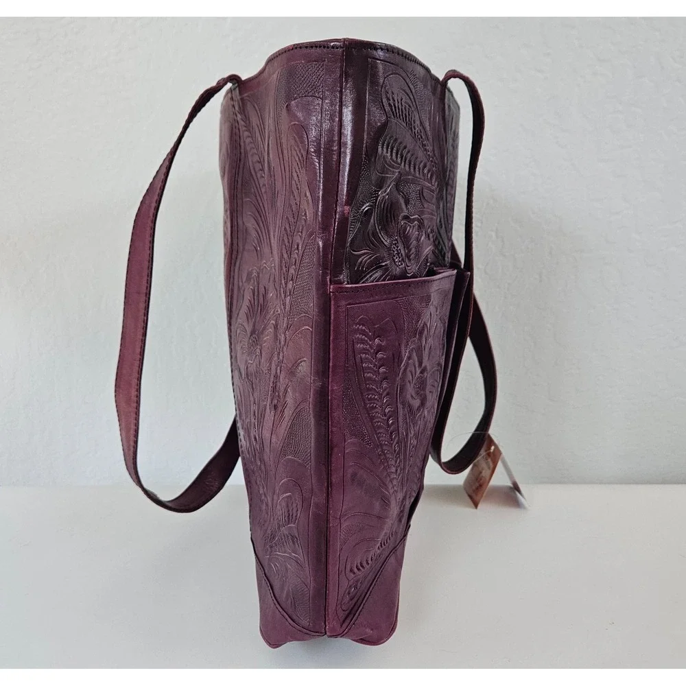 Leaders In Leather Hand-Tooled Tote Bag Burgundy Floral Boho Western Shoulder